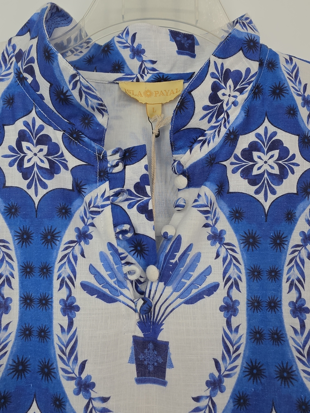 NWT IslaPayal Como Blue Cotton Monkey Print Tunic Dress L Resort Caftan Coastal - Picture 5 of 15
